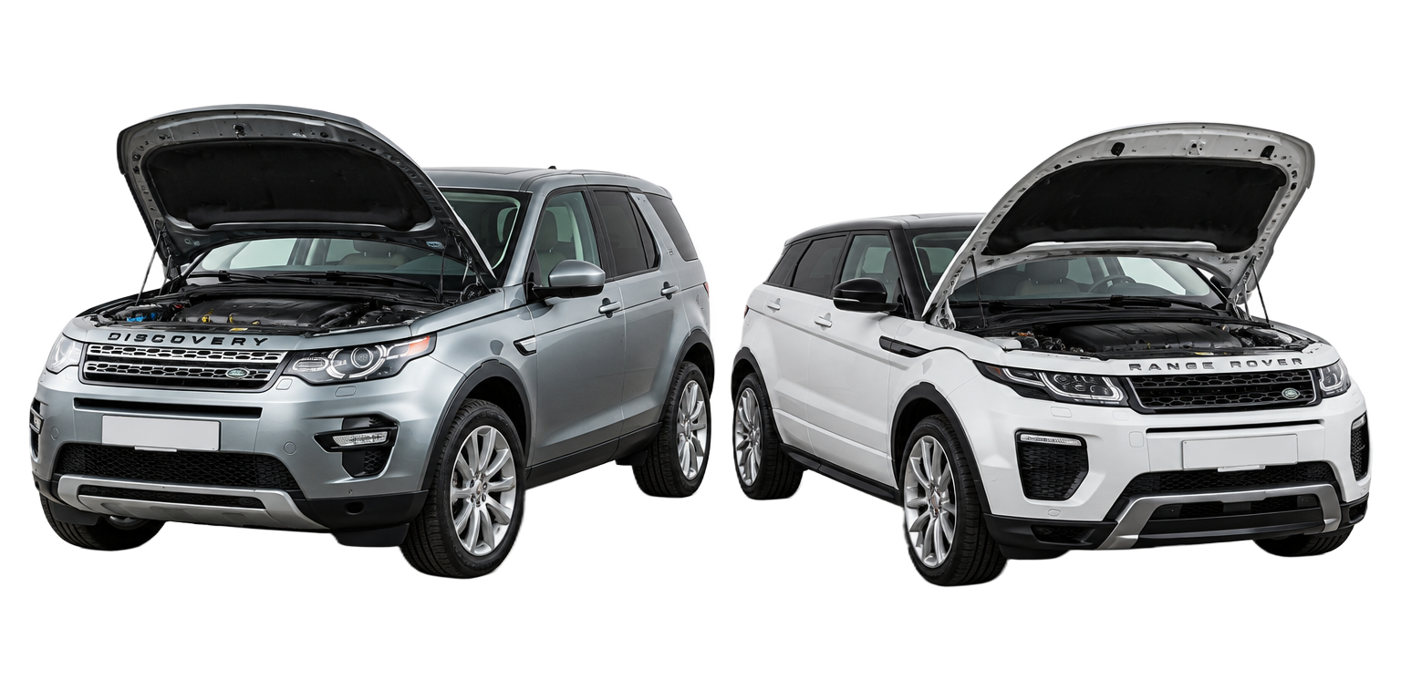 Silver Land Rover Discovery Sport and white Range Rover Evoque, both broken down with their bonnets open