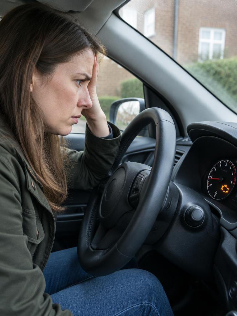 Woman in the driver's seat looking at an engine warning light